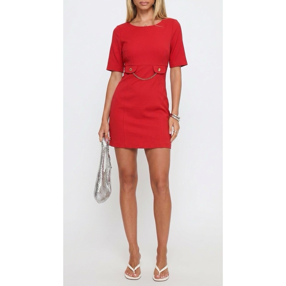Trina Turk Women's Red Stretch Mini Dress Gold Brooch at‎ Waist